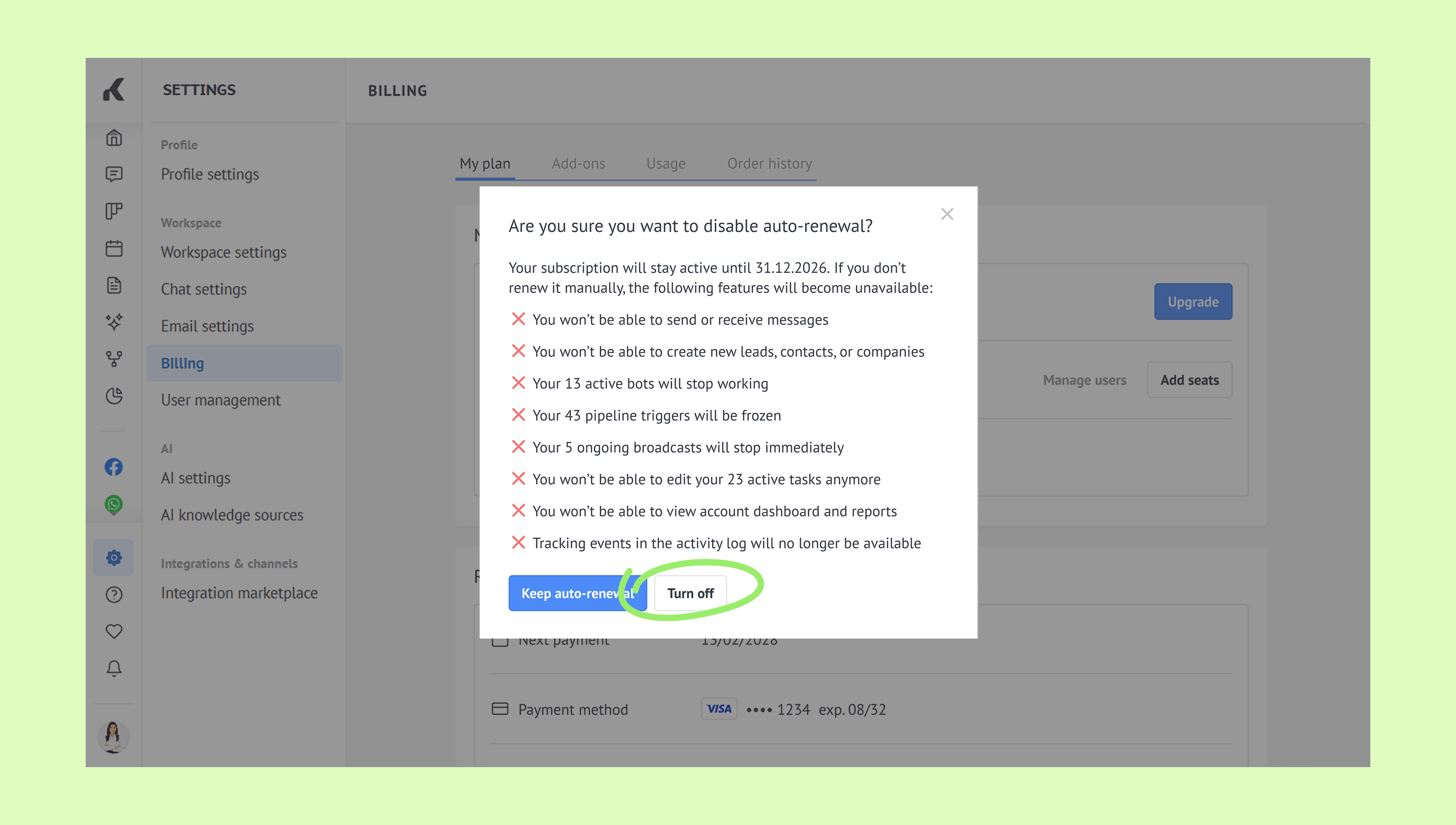 Confirmation dialog for disabling auto-renewal with highlighted options and warnings.
